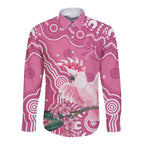 Australia Breast Cancer Awareness Long Sleeve Button Shirt Pink Cockatoo Ribbon Aboriginal Art - Aussie Hoodie