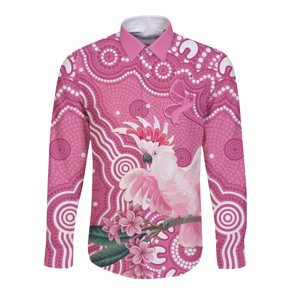 Australia Breast Cancer Awareness Long Sleeve Button Shirt Pink Cockatoo Ribbon Aboriginal Art - Aussie Hoodie