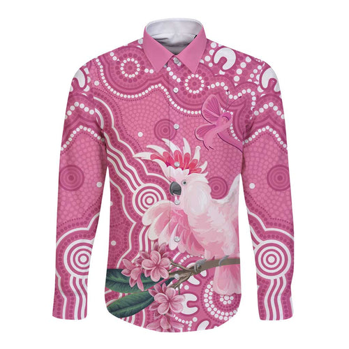 Australia Breast Cancer Awareness Long Sleeve Button Shirt Pink Cockatoo Ribbon Aboriginal Art - Aussie Hoodie