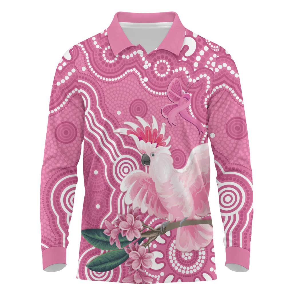 Australia Breast Cancer Awareness Long Sleeve Polo Shirt Pink Cockatoo Ribbon Aboriginal Art - Aussie Hoodie
