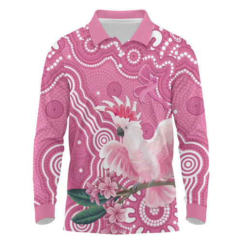 Australia Breast Cancer Awareness Long Sleeve Polo Shirt Pink Cockatoo Ribbon Aboriginal Art - Aussie Hoodie