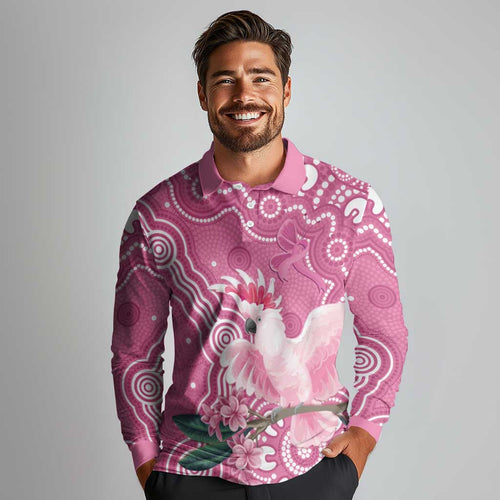 Australia Breast Cancer Awareness Long Sleeve Polo Shirt Pink Cockatoo Ribbon Aboriginal Art - Aussie Hoodie