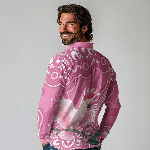 Australia Breast Cancer Awareness Long Sleeve Polo Shirt Pink Cockatoo Ribbon Aboriginal Art - Aussie Hoodie