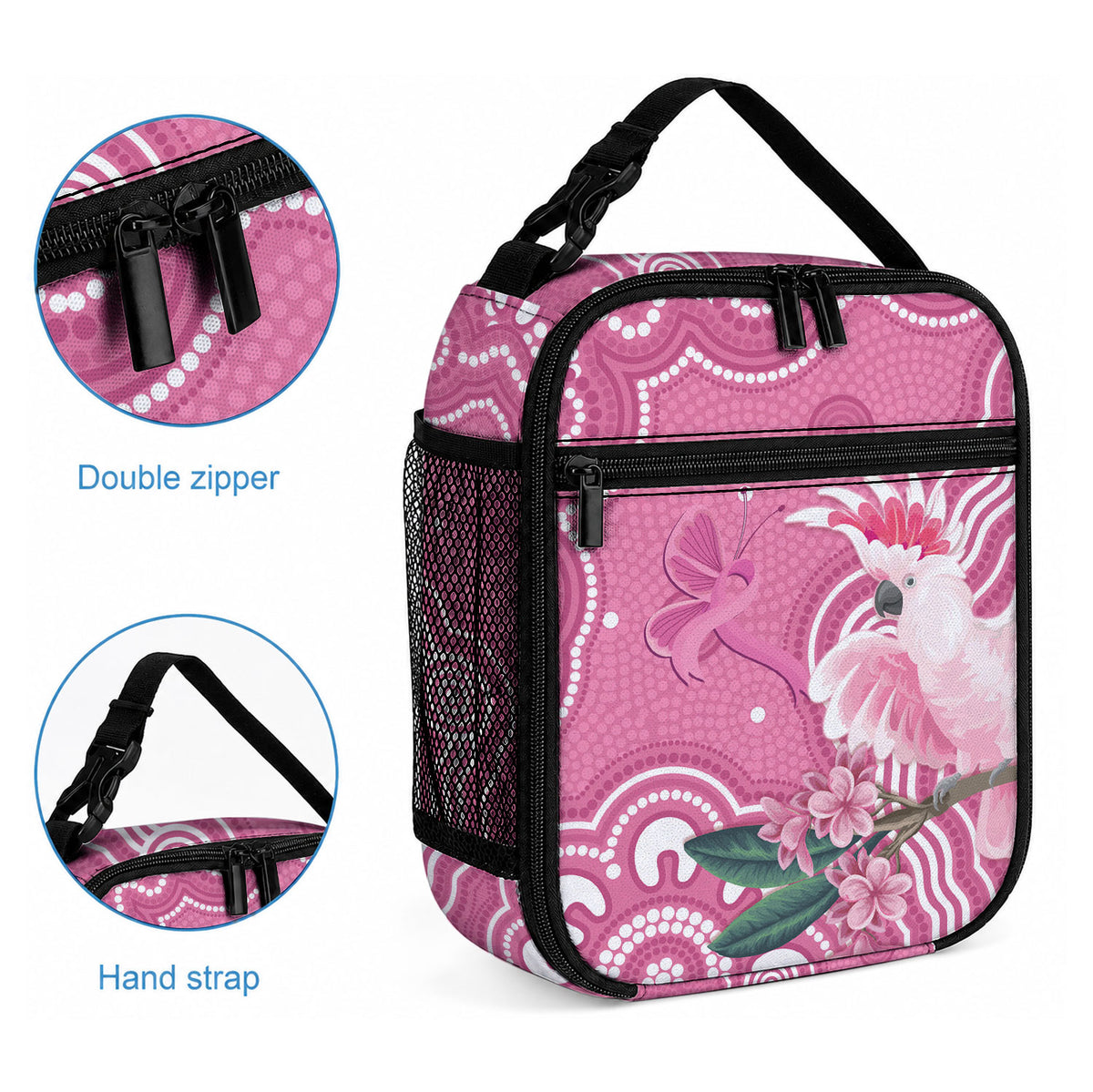 Australia Breast Cancer Awareness Lunch Bag Pink Cockatoo Ribbon Aboriginal Art