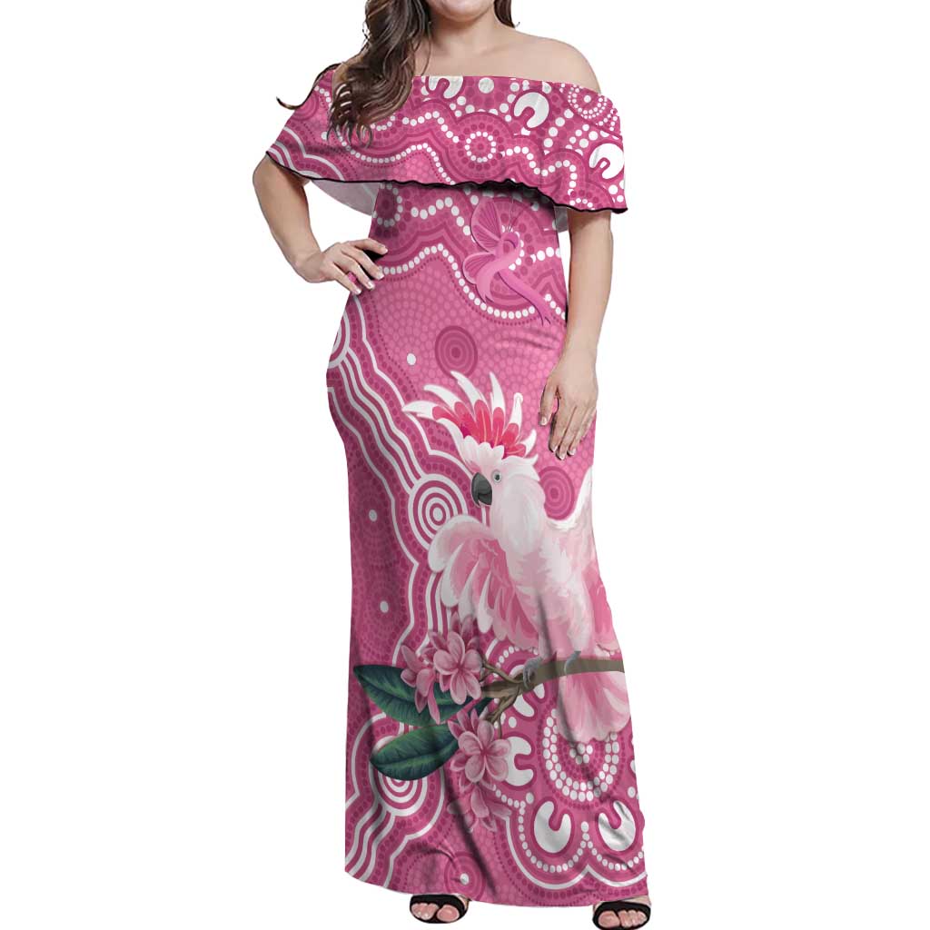 Australia Breast Cancer Awareness Off Shoulder Maxi Dress Pink Cockatoo Ribbon Aboriginal Art - Aussie Hoodie