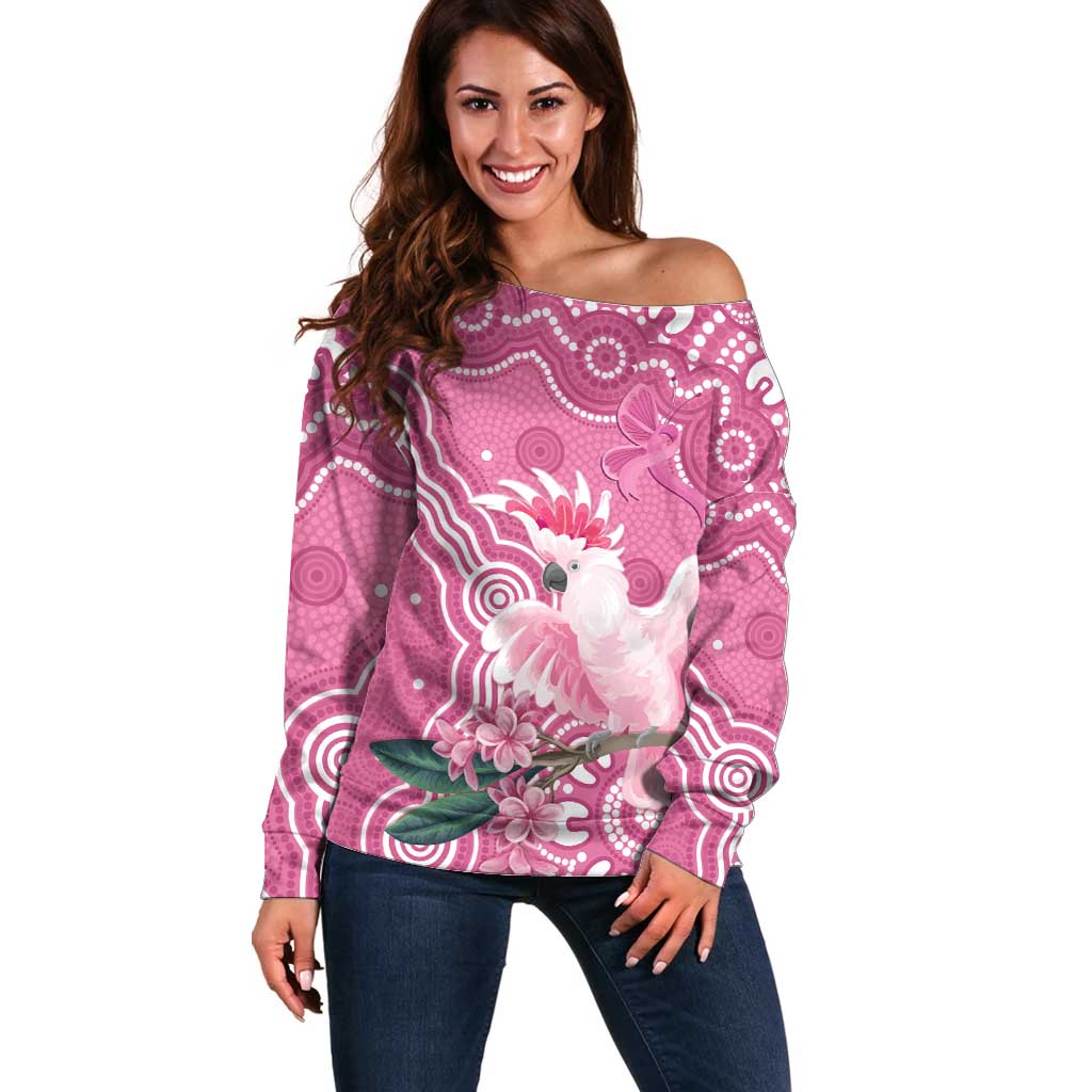 Australia Breast Cancer Awareness Off Shoulder Sweater Pink Cockatoo Ribbon Aboriginal Art - Aussie Hoodie