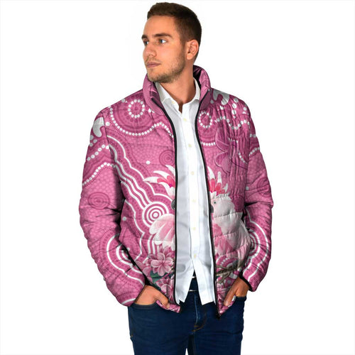 Australia Breast Cancer Awareness Padded Jacket Pink Cockatoo Ribbon Aboriginal Art - Aussie Hoodie