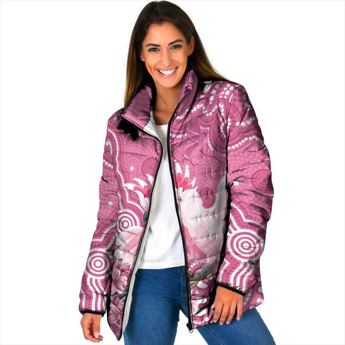 Australia Breast Cancer Awareness Padded Jacket Pink Cockatoo Ribbon Aboriginal Art - Aussie Hoodie