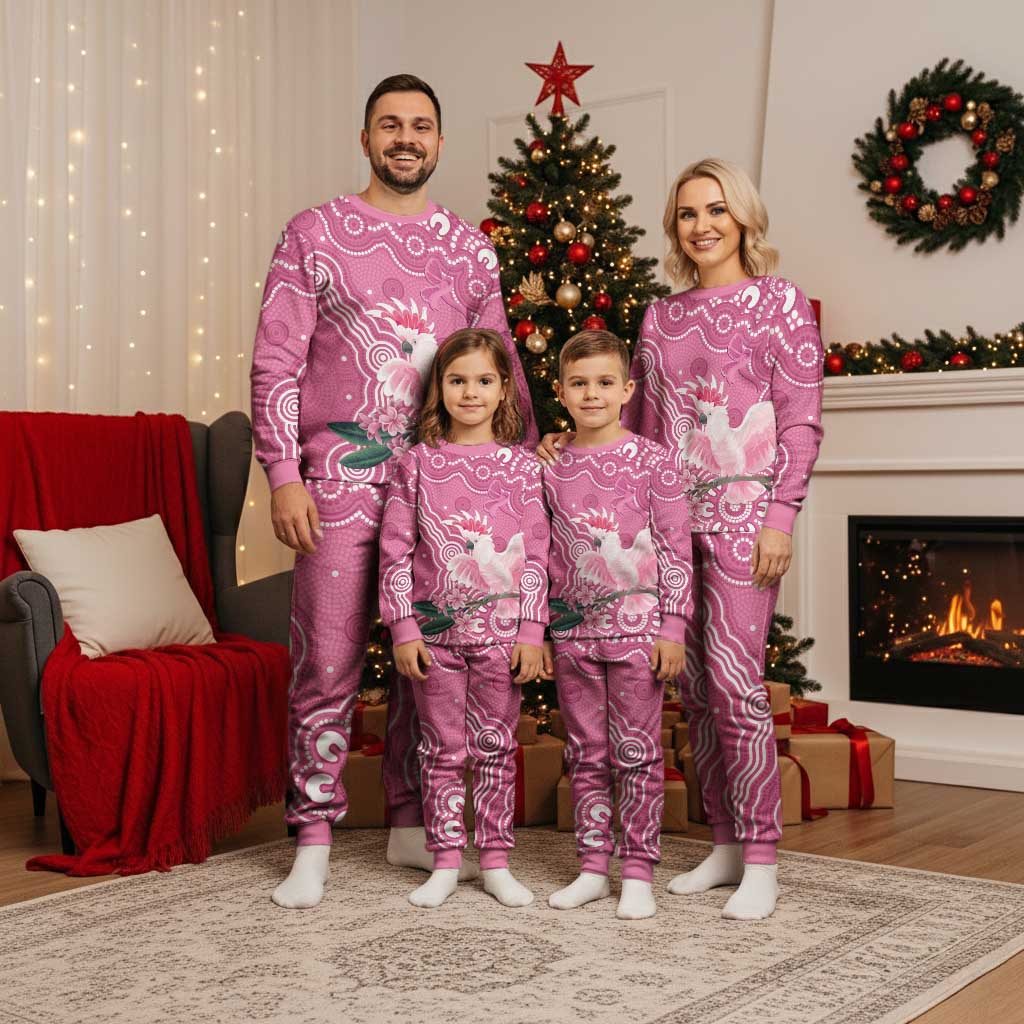 Australia Breast Cancer Awareness Christmas Pajama Set Pink Cockatoo Ribbon Aboriginal Art - Aussie Hoodie