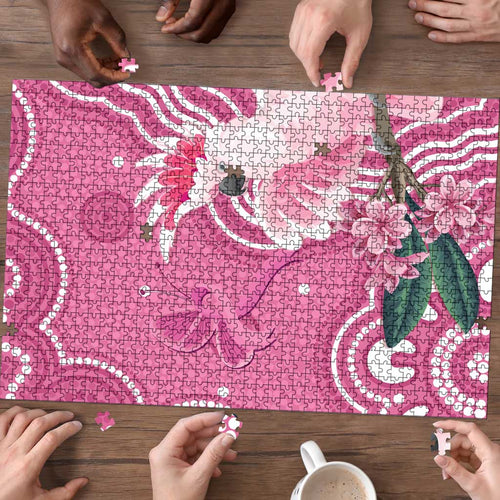 Australia Breast Cancer Awareness Puzzle Pink Cockatoo Ribbon Aboriginal Art - Aussie Hoodie