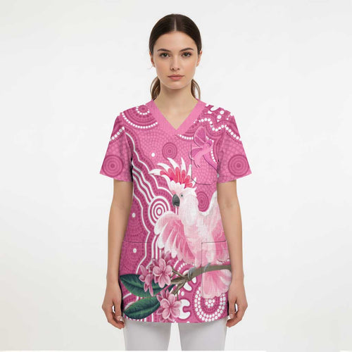 Australia Breast Cancer Awareness Scrub Top Pink Cockatoo Ribbon Aboriginal Art - Aussie Hoodie