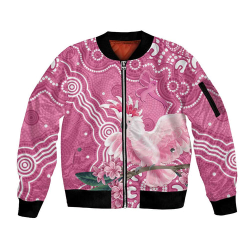 Australia Breast Cancer Awareness Sleeve Zip Bomber Jacket Pink Cockatoo Ribbon Aboriginal Art - Aussie Hoodie