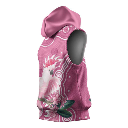 Australia Breast Cancer Awareness Sleeveless Hoodie Pink Cockatoo Ribbon Aboriginal Art - Aussie Hoodie