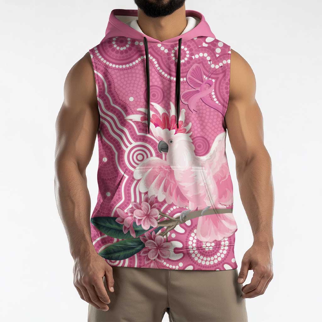 Australia Breast Cancer Awareness Sleeveless Hoodie Pink Cockatoo Ribbon Aboriginal Art - Aussie Hoodie