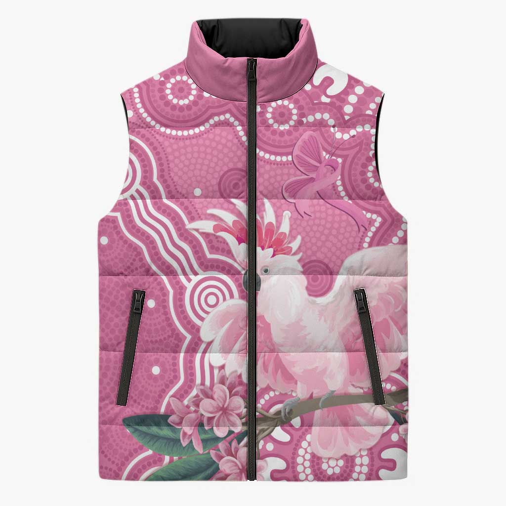 Australia Breast Cancer Awareness Sleeveless Puffer Jacket Pink Cockatoo Ribbon Aboriginal Art - Aussie Hoodie