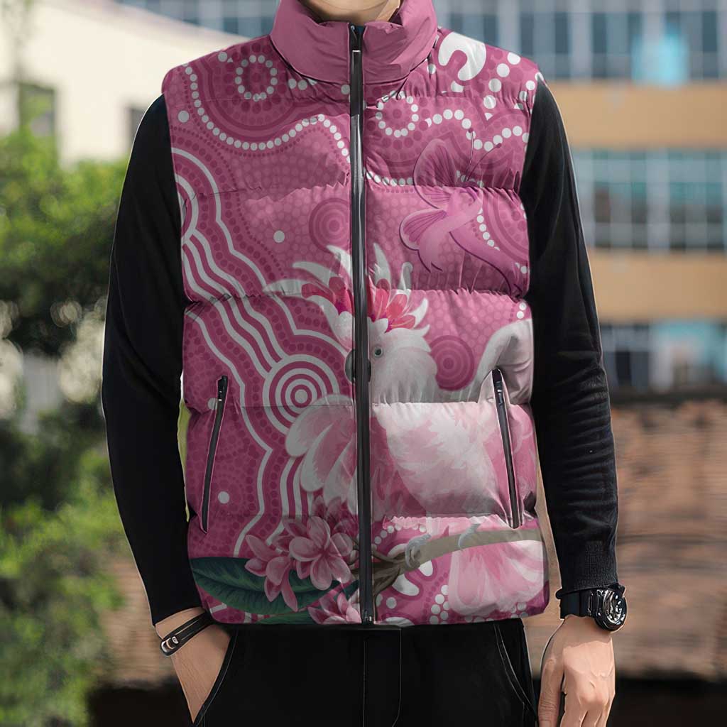 Australia Breast Cancer Awareness Sleeveless Puffer Jacket Pink Cockatoo Ribbon Aboriginal Art - Aussie Hoodie