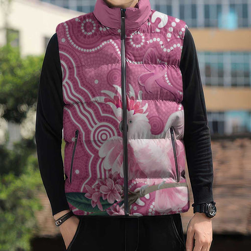 Australia Breast Cancer Awareness Sleeveless Puffer Jacket Pink Cockatoo Ribbon Aboriginal Art - Aussie Hoodie