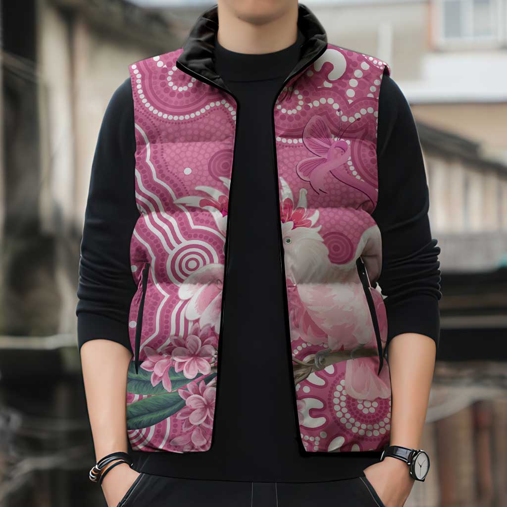 Australia Breast Cancer Awareness Sleeveless Puffer Jacket Pink Cockatoo Ribbon Aboriginal Art - Aussie Hoodie