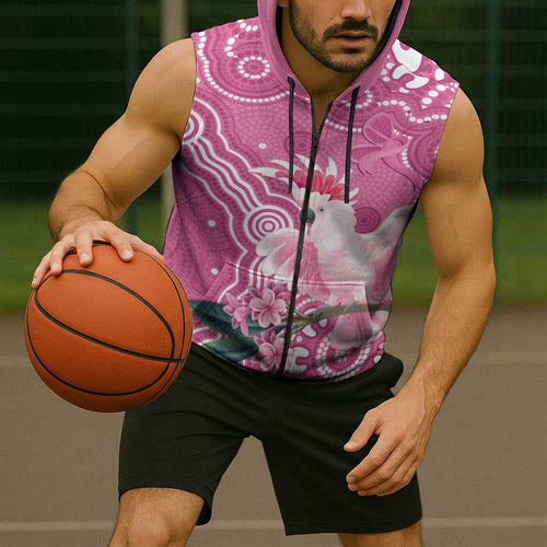 Australia Breast Cancer Awareness Sleeveless Zip Hoodie Pink Cockatoo Ribbon Aboriginal Art LT14