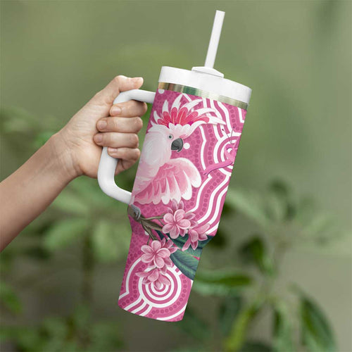Australia Breast Cancer Awareness Tumbler With Handle Pink Cockatoo Ribbon Aboriginal Art - Aussie Hoodie