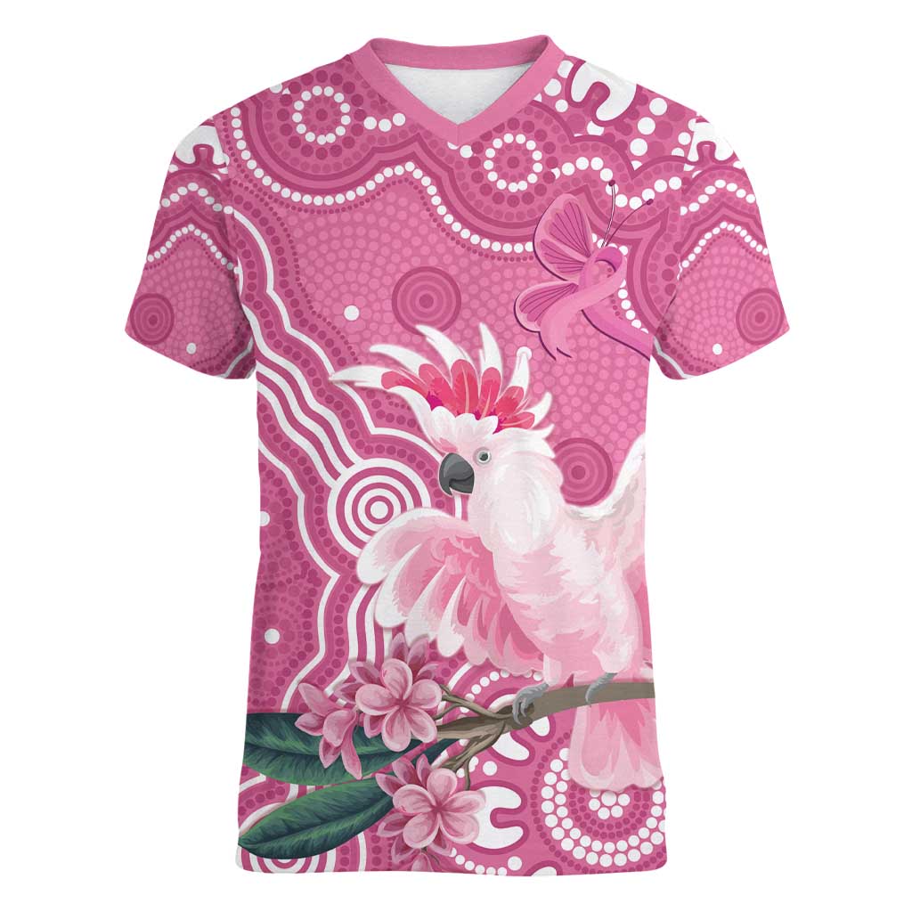 Australia Breast Cancer Awareness Women V-Neck T-Shirt Pink Cockatoo Ribbon Aboriginal Art - Aussie Hoodie
