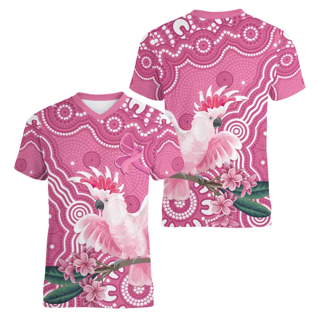 Australia Breast Cancer Awareness Women V-Neck T-Shirt Pink Cockatoo Ribbon Aboriginal Art - Aussie Hoodie