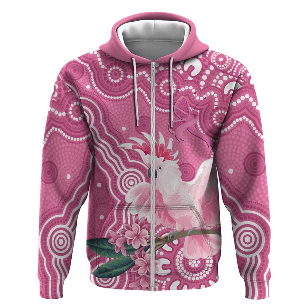Australia Breast Cancer Awareness Zip Hoodie Pink Cockatoo Ribbon Aboriginal Art - Aussie Hoodie