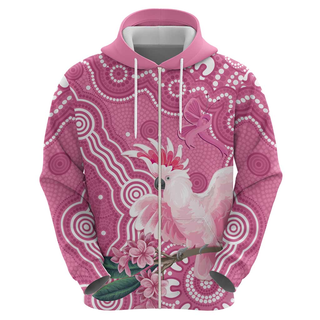 Australia Breast Cancer Awareness Zip Hoodie Pink Cockatoo Ribbon Aboriginal Art - Aussie Hoodie