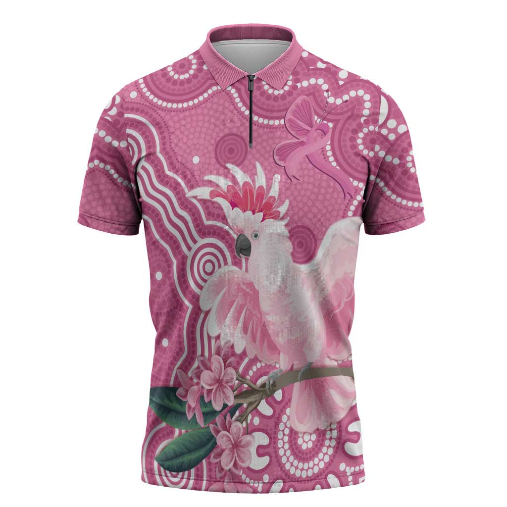 Australia Breast Cancer Awareness Zipper Polo Shirt Pink Cockatoo Ribbon Aboriginal Art - Aussie Hoodie