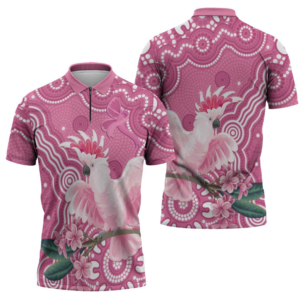 Australia Breast Cancer Awareness Zipper Polo Shirt Pink Cockatoo Ribbon Aboriginal Art - Aussie Hoodie