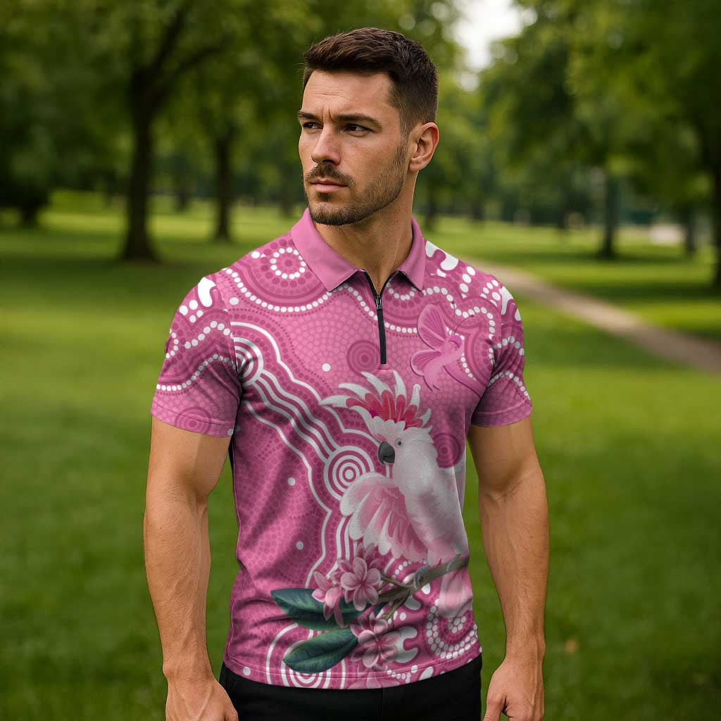 Australia Breast Cancer Awareness Zipper Polo Shirt Pink Cockatoo Ribbon Aboriginal Art - Aussie Hoodie
