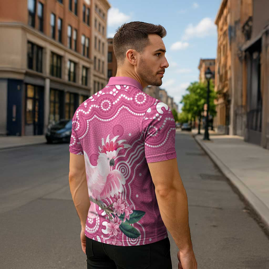 Australia Breast Cancer Awareness Zipper Polo Shirt Pink Cockatoo Ribbon Aboriginal Art - Aussie Hoodie