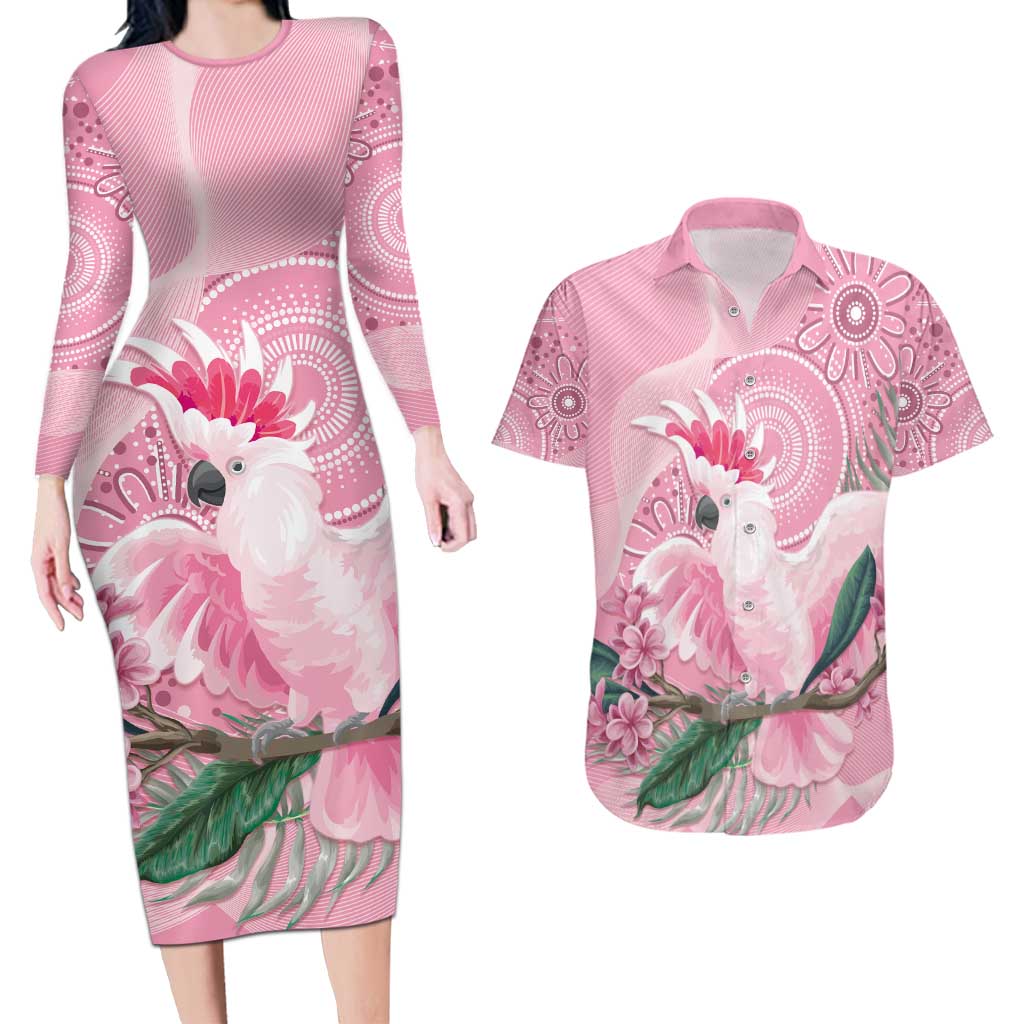 Pink Cockatoo Australia Couples Matching Long Sleeve Bodycon Dress and Hawaiian Shirt Aussie Cacatua Leadbeateri - Aboriginal Art