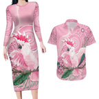Pink Cockatoo Australia Couples Matching Long Sleeve Bodycon Dress and Hawaiian Shirt Aussie Cacatua Leadbeateri - Aboriginal Art