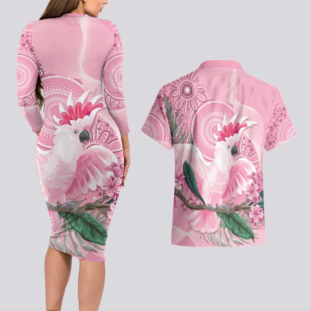 Pink Cockatoo Australia Couples Matching Long Sleeve Bodycon Dress and Hawaiian Shirt Aussie Cacatua Leadbeateri - Aboriginal Art