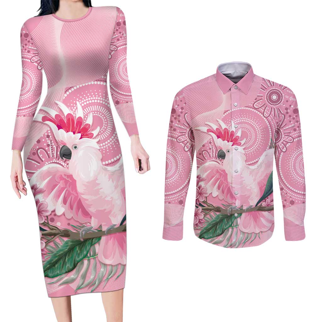Pink Cockatoo Australia Couples Matching Long Sleeve Bodycon Dress and Long Sleeve Button Shirt Aussie Cacatua Leadbeateri - Aboriginal Art