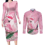 Pink Cockatoo Australia Couples Matching Long Sleeve Bodycon Dress and Long Sleeve Button Shirt Aussie Cacatua Leadbeateri - Aboriginal Art