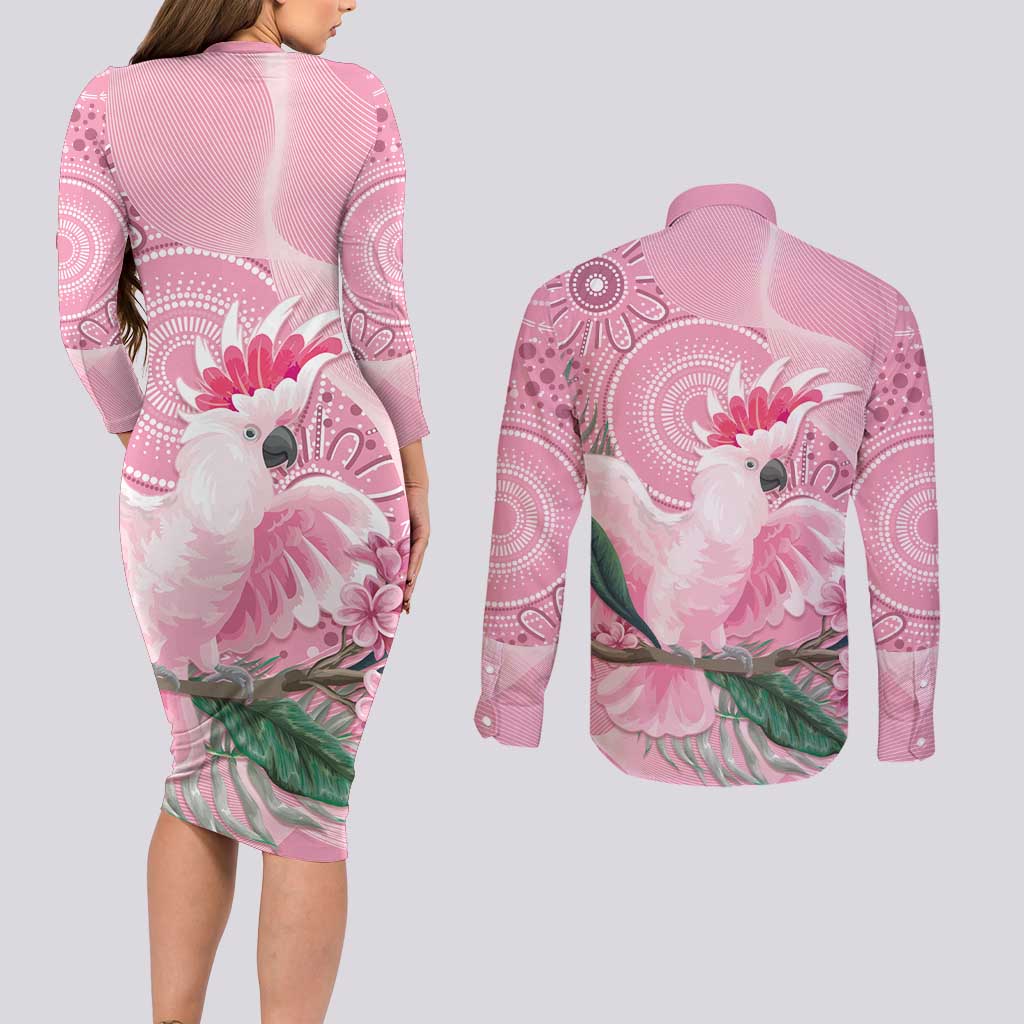 Pink Cockatoo Australia Couples Matching Long Sleeve Bodycon Dress and Long Sleeve Button Shirt Aussie Cacatua Leadbeateri - Aboriginal Art