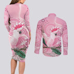 Pink Cockatoo Australia Couples Matching Long Sleeve Bodycon Dress and Long Sleeve Button Shirt Aussie Cacatua Leadbeateri - Aboriginal Art