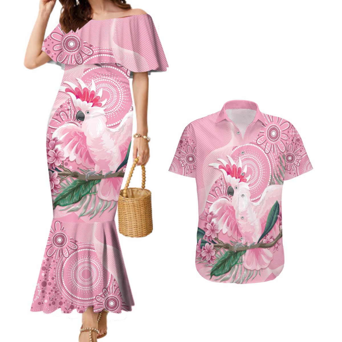 Pink Cockatoo Australia Couples Matching Mermaid Dress and Hawaiian Shirt Aussie Cacatua Leadbeateri - Aboriginal Art