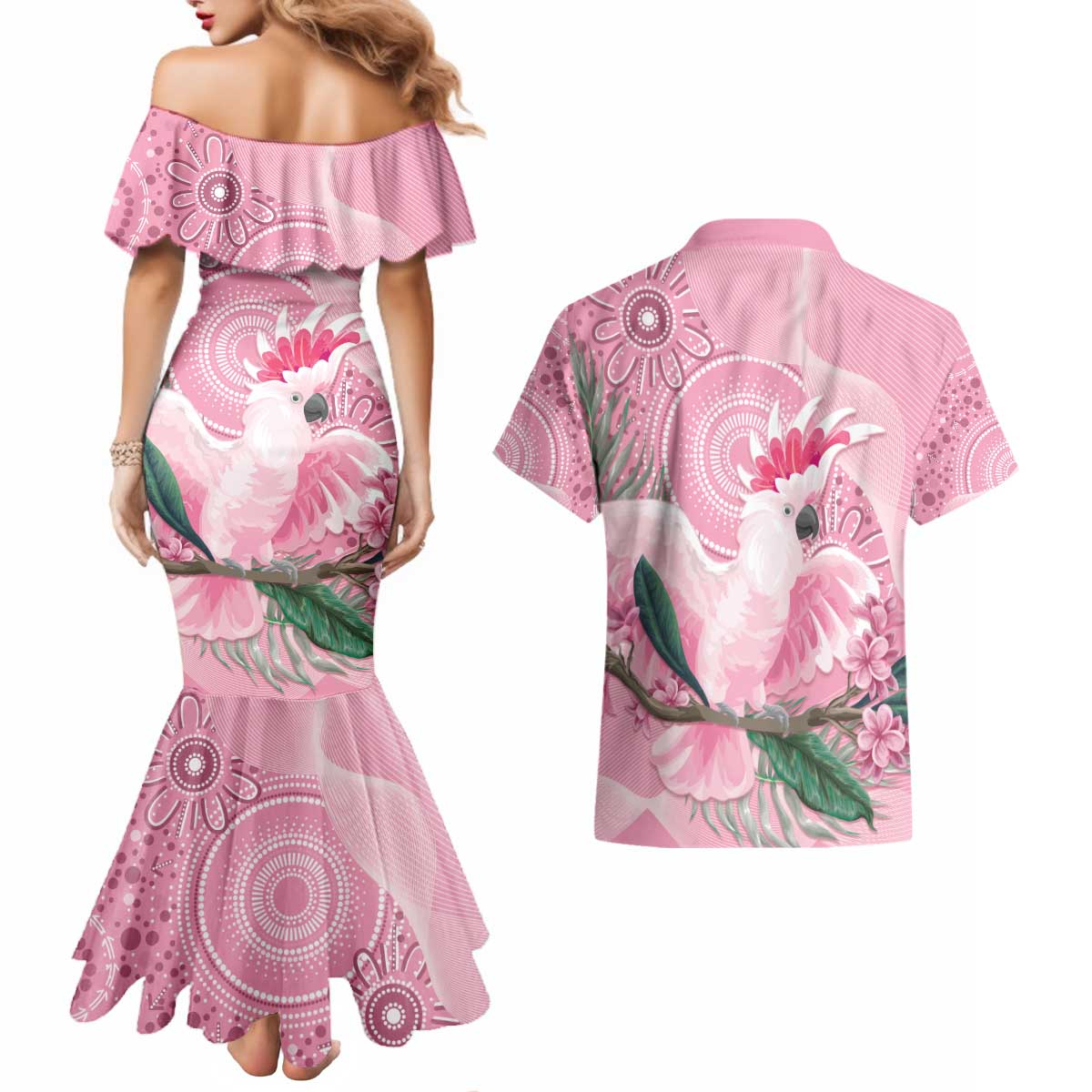 Pink Cockatoo Australia Couples Matching Mermaid Dress and Hawaiian Shirt Aussie Cacatua Leadbeateri - Aboriginal Art