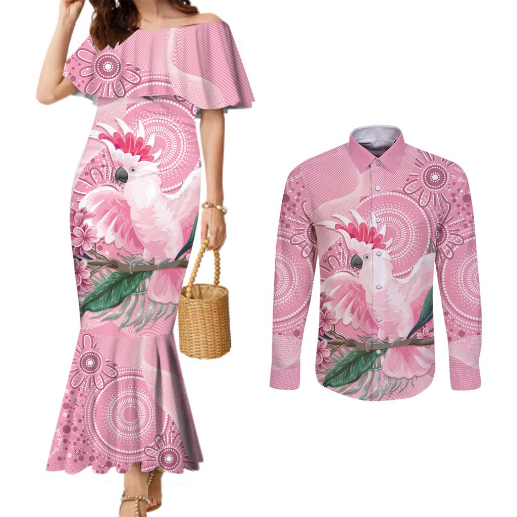 Pink Cockatoo Australia Couples Matching Mermaid Dress and Long Sleeve Button Shirt Aussie Cacatua Leadbeateri - Aboriginal Art