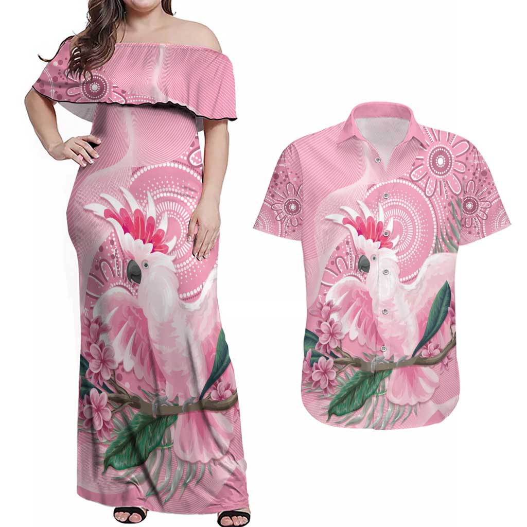 Pink Cockatoo Australia Couples Matching Off Shoulder Maxi Dress and Hawaiian Shirt Aussie Cacatua Leadbeateri - Aboriginal Art