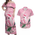 Pink Cockatoo Australia Couples Matching Off Shoulder Maxi Dress and Hawaiian Shirt Aussie Cacatua Leadbeateri - Aboriginal Art