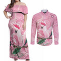 Pink Cockatoo Australia Couples Matching Off Shoulder Maxi Dress and Long Sleeve Button Shirt Aussie Cacatua Leadbeateri - Aboriginal Art