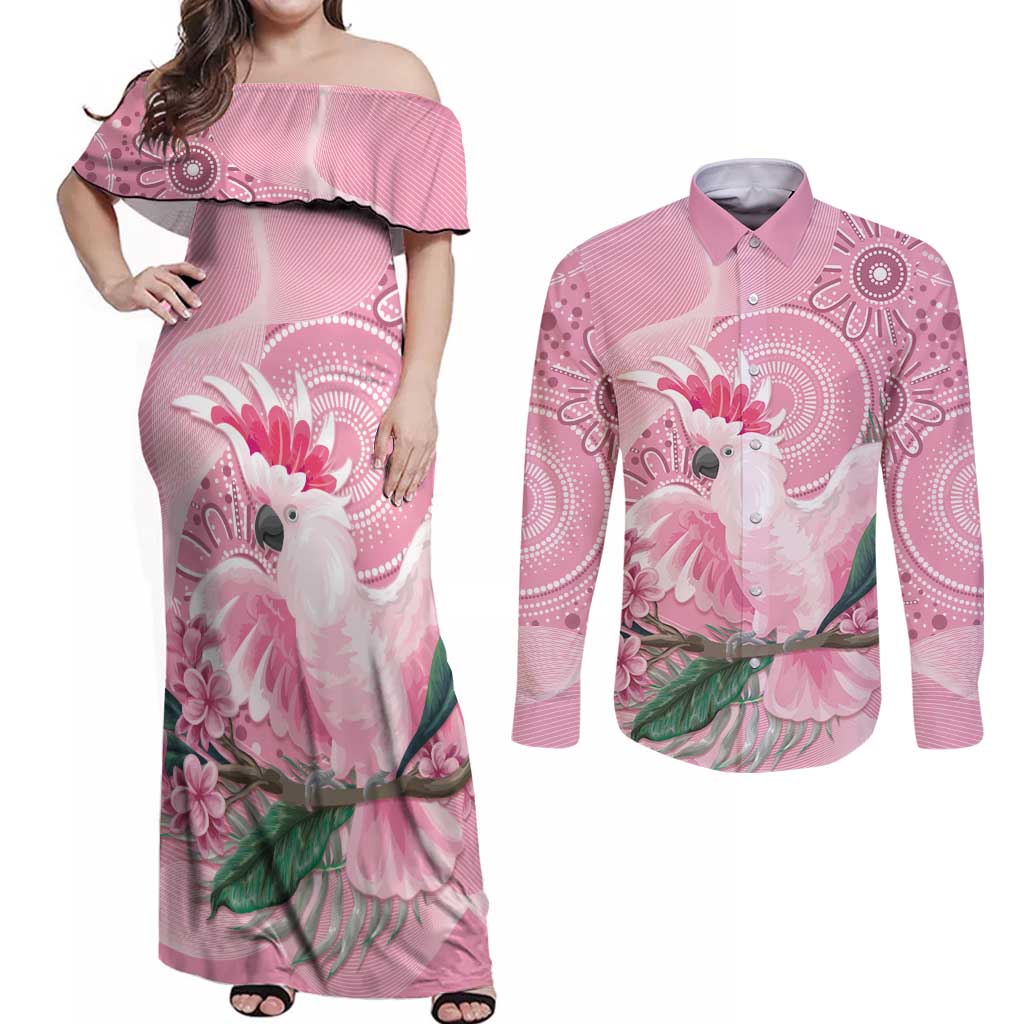 Pink Cockatoo Australia Couples Matching Off Shoulder Maxi Dress and Long Sleeve Button Shirt Aussie Cacatua Leadbeateri - Aboriginal Art