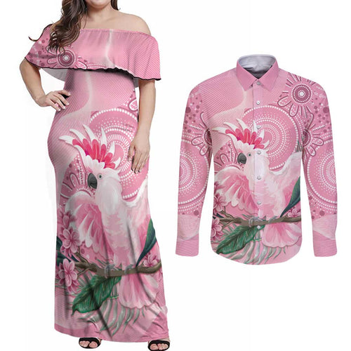 Pink Cockatoo Australia Couples Matching Off Shoulder Maxi Dress and Long Sleeve Button Shirt Aussie Cacatua Leadbeateri - Aboriginal Art