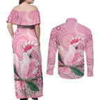 Pink Cockatoo Australia Couples Matching Off Shoulder Maxi Dress and Long Sleeve Button Shirt Aussie Cacatua Leadbeateri - Aboriginal Art