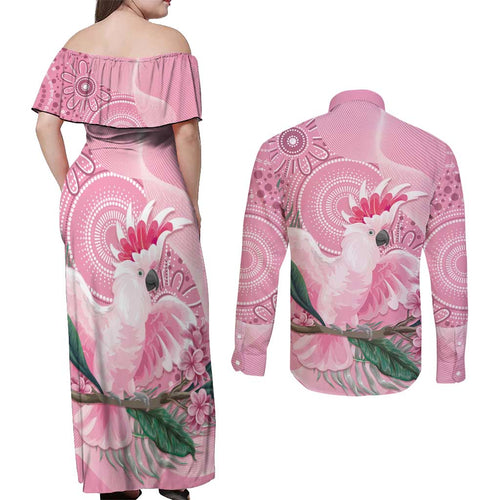 Pink Cockatoo Australia Couples Matching Off Shoulder Maxi Dress and Long Sleeve Button Shirt Aussie Cacatua Leadbeateri - Aboriginal Art