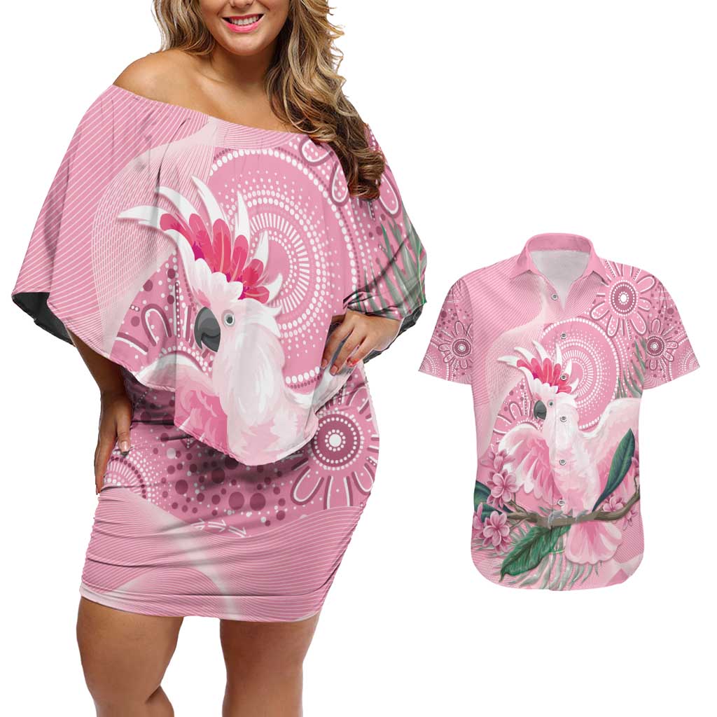 Pink Cockatoo Australia Couples Matching Off Shoulder Short Dress and Hawaiian Shirt Aussie Cacatua Leadbeateri - Aboriginal Art